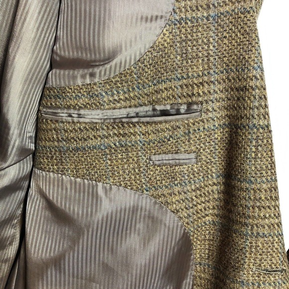 Tweed Plaid Blazer Brown and Blue 46 Two-Button Wool Academia Elbow Patches - Picture 13 of 14